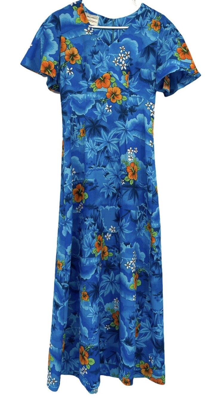 Vintage Royal Hawaiian Dress Womens M Blue Floral Aloha Maxi Talon Zip